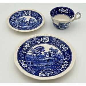 Spode Blue Room Collection Tower Tea Cup Saucer And Bread Plate Set Vintage